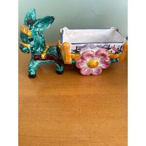 VTG Italy Donkey Figurine With Flower Cart Planter Decoration